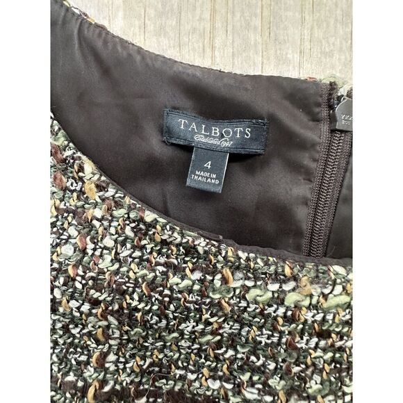 Talbots Tweed Sheath Dress Size 4 Green Brown Sleeveless Wool Blend - Picture 2 of 5